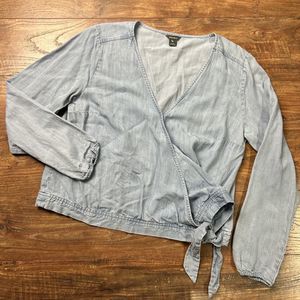 Eddie Bauer Denim Look Tunic Side Tie Top Women's Large‎ Western Boho Southwest